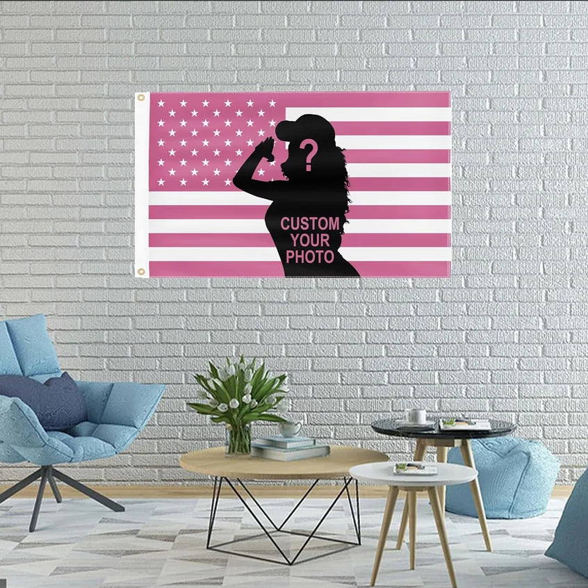 drapeau personnalisable rose étoiles blanches rayures horizontales dorés moderne publicitaire décoration intérieure extérieure polyester
