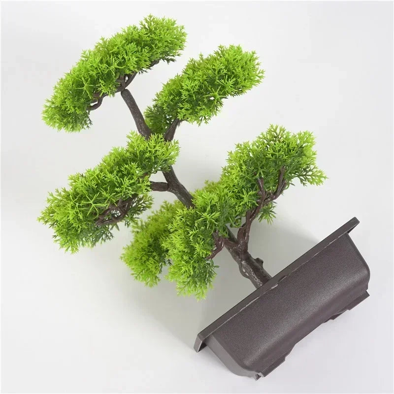 ornement décoration extérieur faux bonsaï vert marron zen minimaliste feuillage dense pot galets décoratifsextérieur