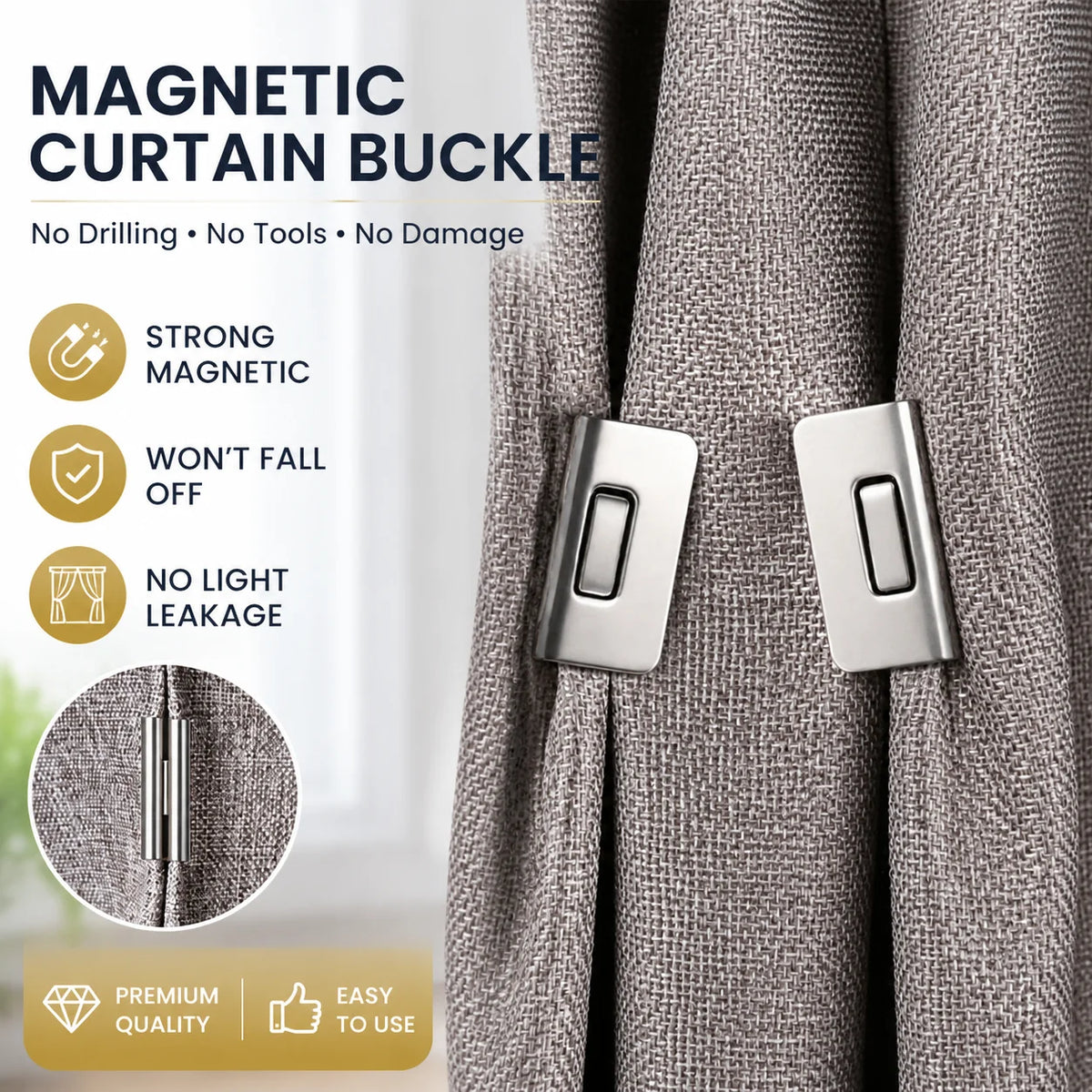 boucles rideau magnétiques clips sans perçage gris texture mat moderne chambre
