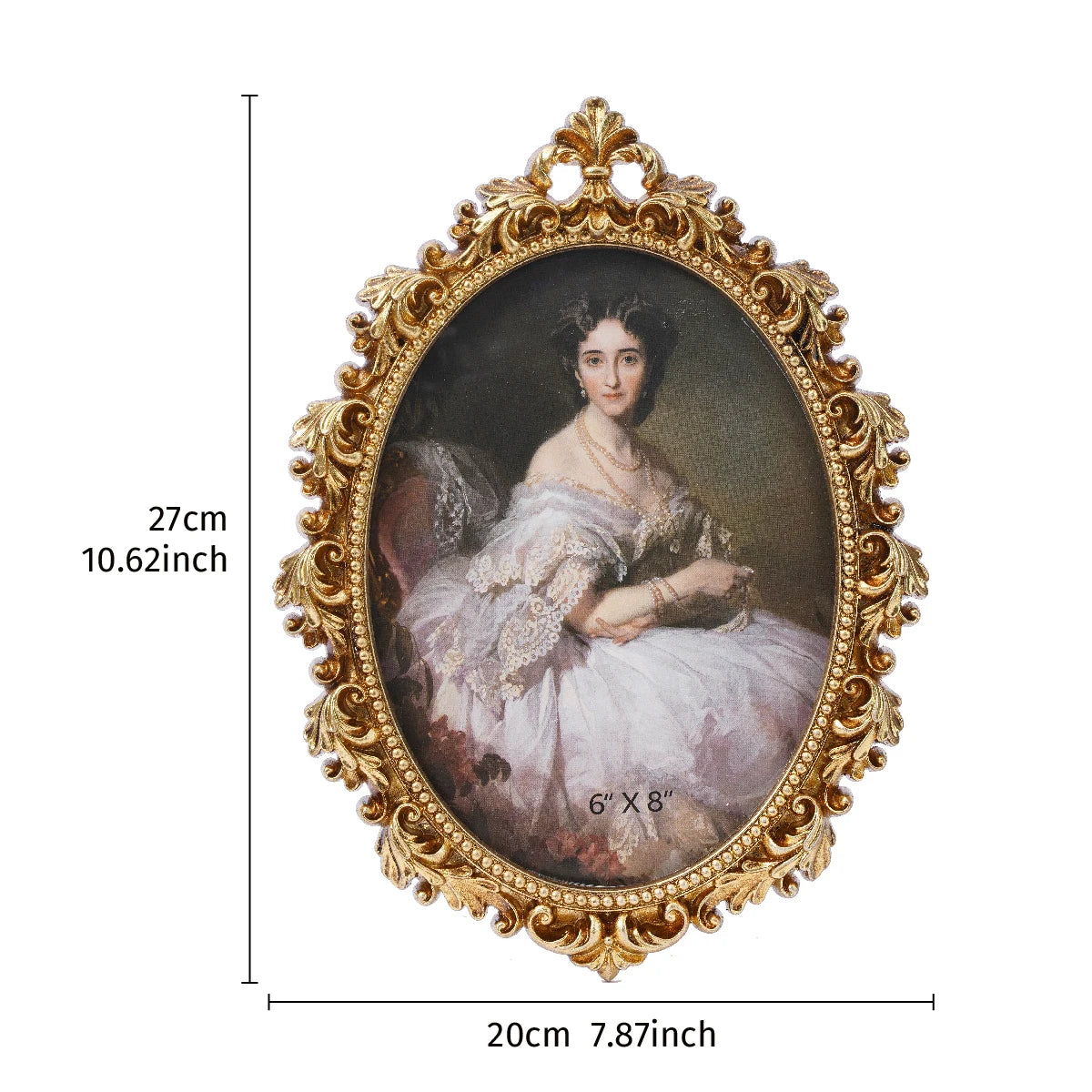 portrait femme élégante cadre doré résine classique baroque détails floraux or gris rose pâle