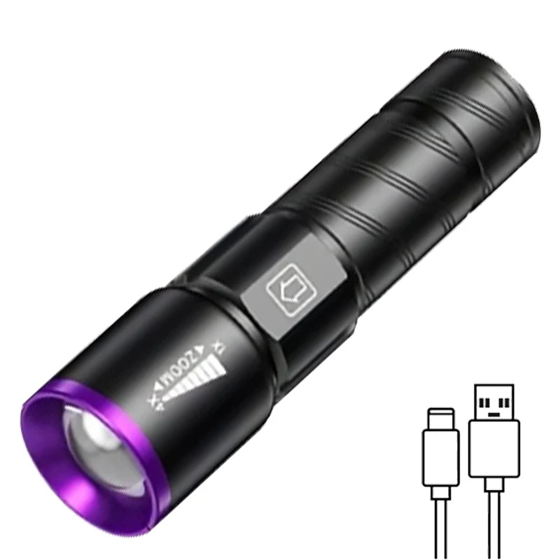 lampe torche uv led 395 365nm zoomable mini ultraviolet moderne noire violette