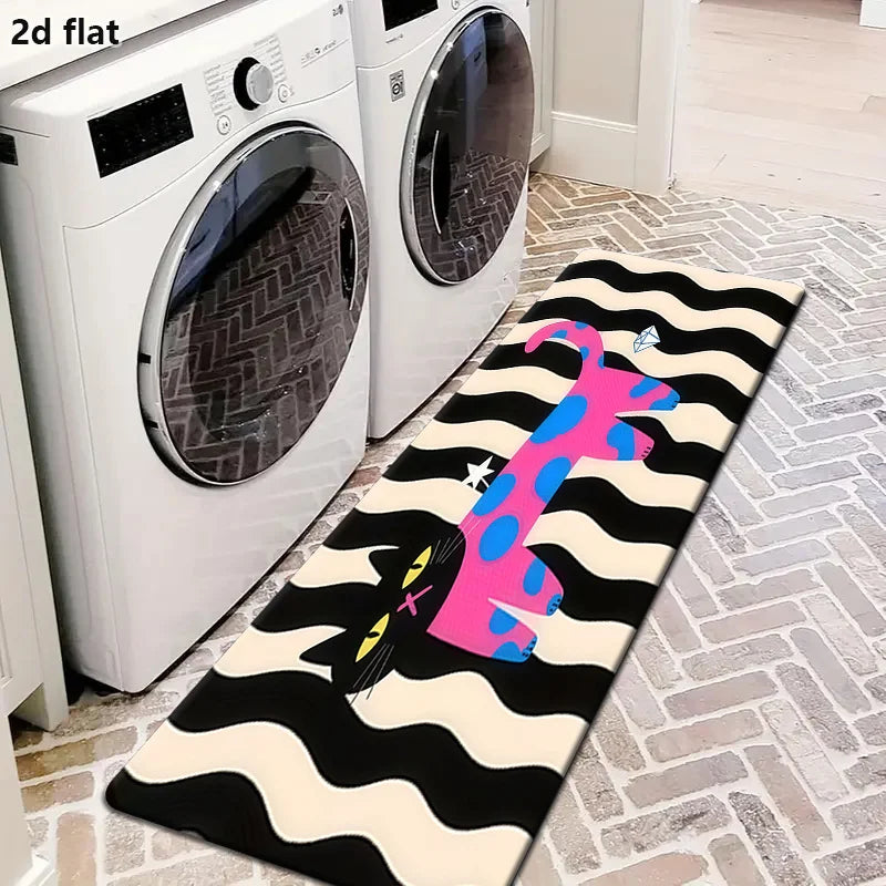 tapis moderne graphique chat dessin animé noir blanc rose bleu gris antidérapant polyester feutre