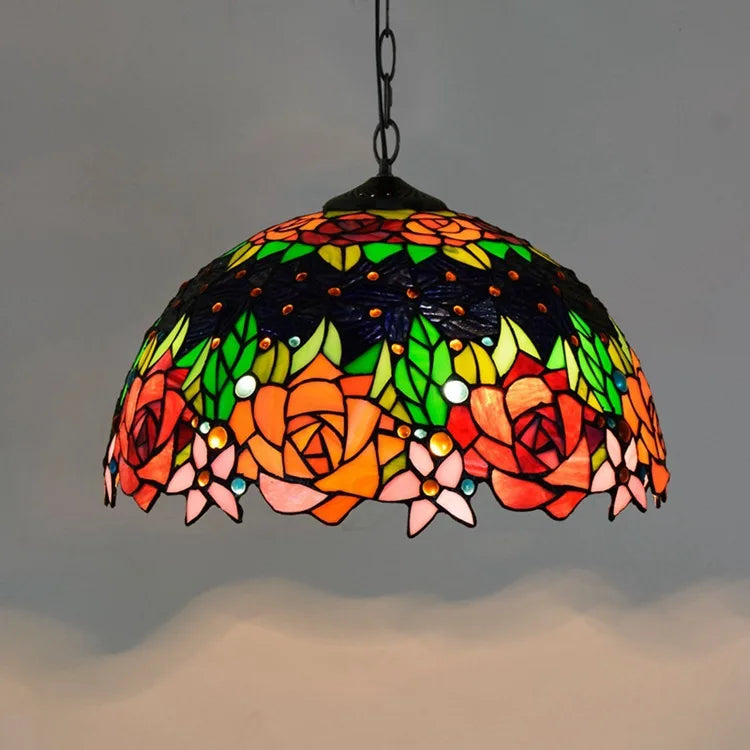 Lampe suspendue Tiffany mosaïque fleurs multicolore opacité chaîne salon chambre