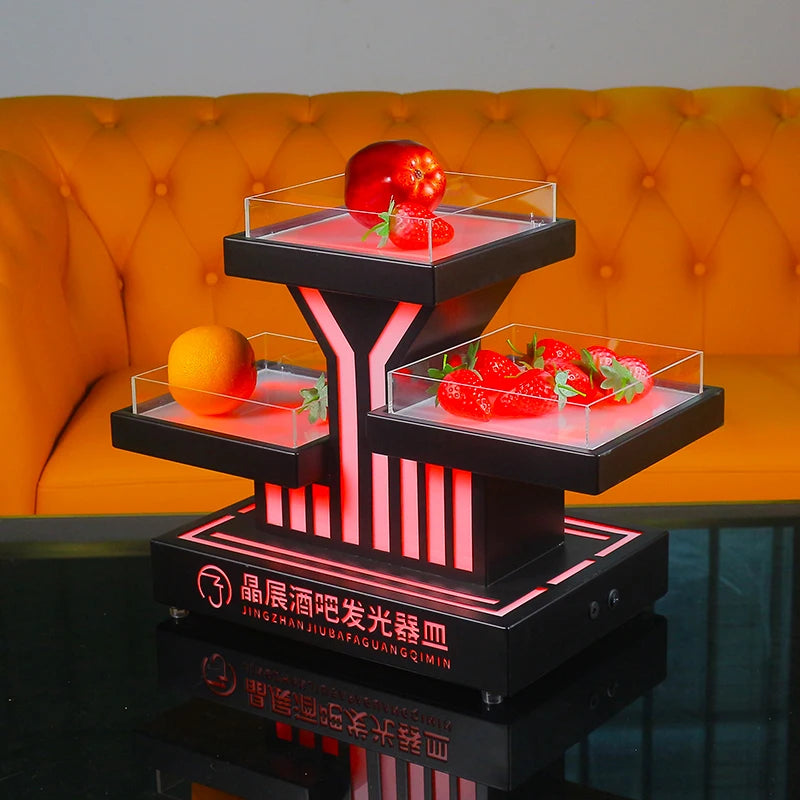 support fruits moderne plateau lumineux noir rouge rayures transparents leds rechargeables