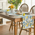 table table lin motif floral citrons fleurs été blanc jaune bleu rustic decoratif farmhouse