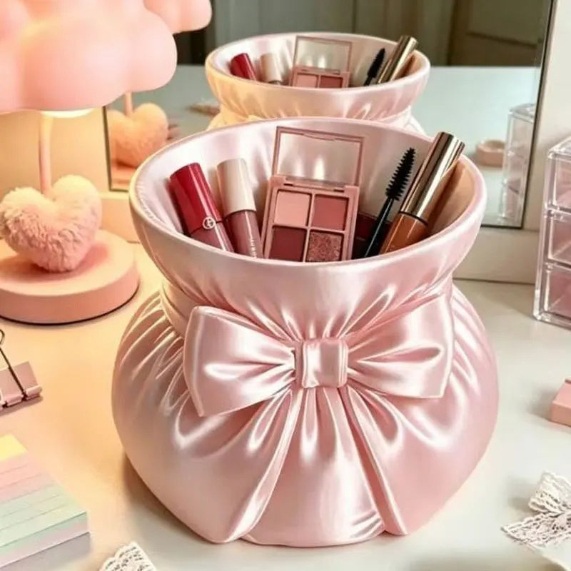 Sac cosmétiques moderne élégant rose blanc bleu violet satiné portatif pinceaux maquillage lips palettes