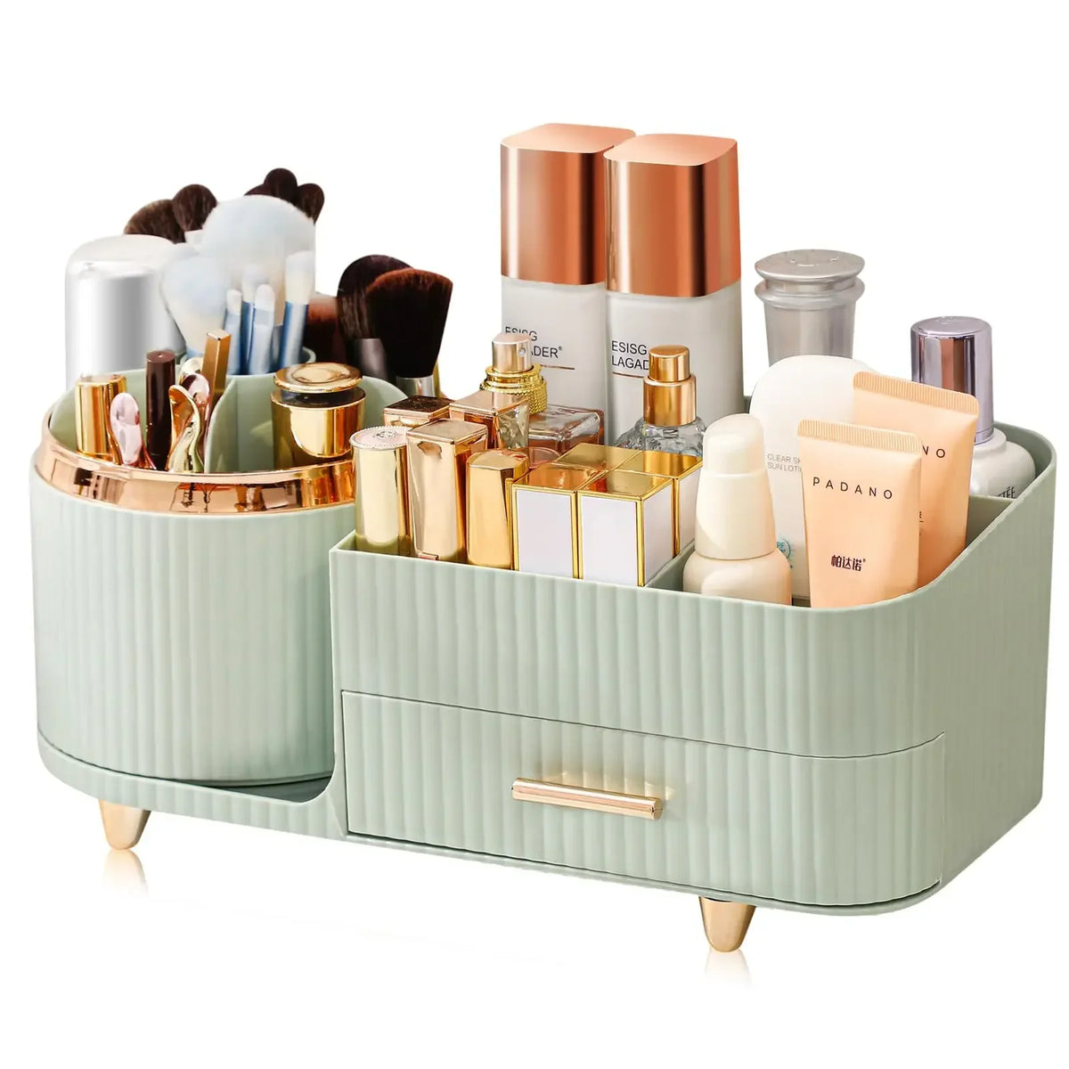 organisateur maquillage multifonctionnel vert clair rayures moderne élégant pieds dorés crème hydratante fond teint