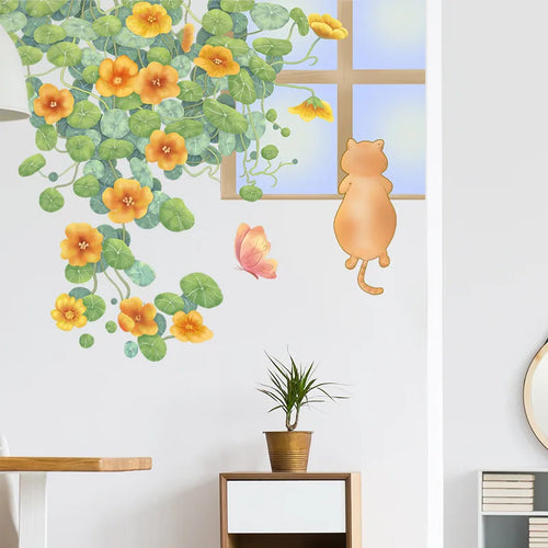 sticker mural dessin animé chat escalade fenêtre fleurs feuilles orange vert jaune rose illustration