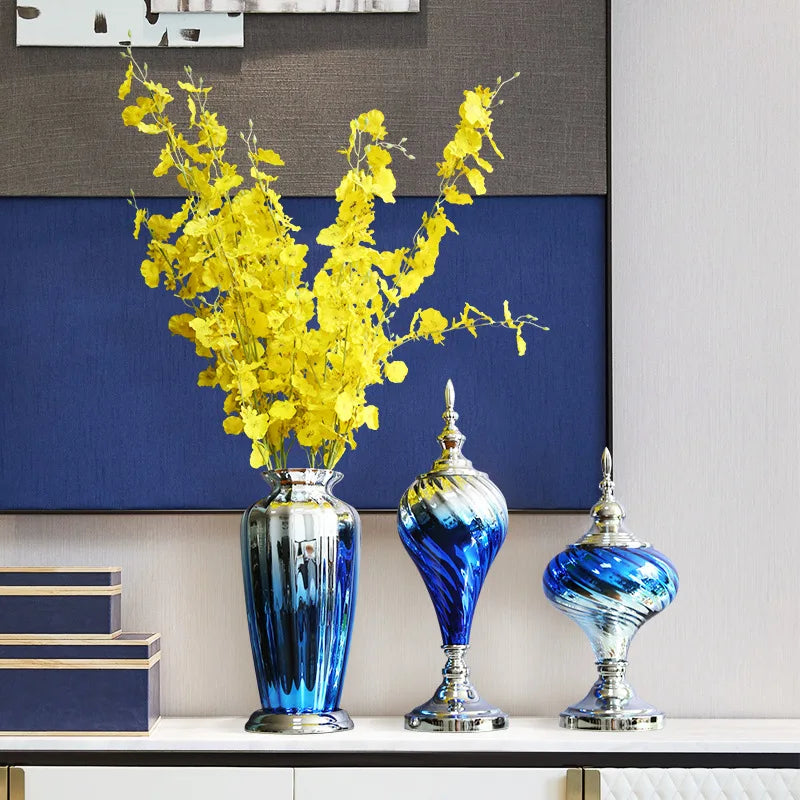 vases decoratifs verre depolied bleu argent fleurs bouquet decoration intérieure tableaux meubles chambre salon