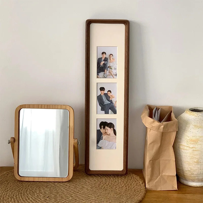 cadre photo bois contemporain minimaliste trois panneaux decoration murale blanc marron foncé texture naturelle