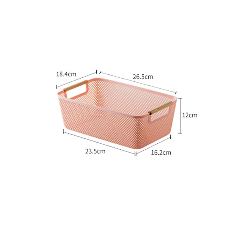paniers rangement blanc jaune bleu rose noir maille fine moderne pratique poignées bois