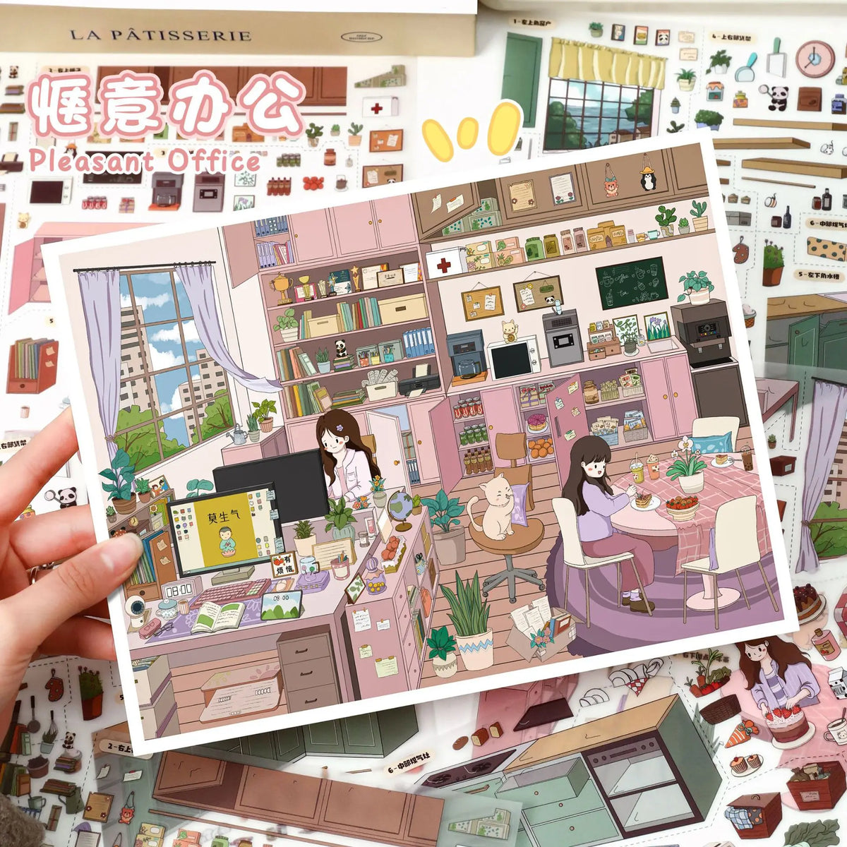 stickers decoratifs illustration cartoon rose vert beige blanc meubles personnages fenetres plantes tableaux