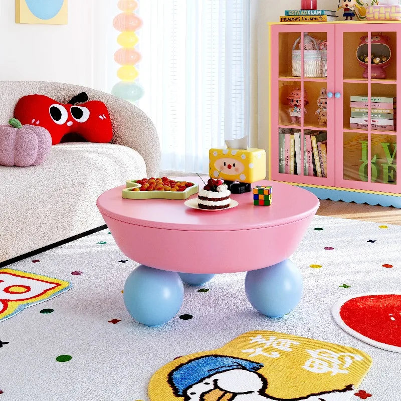 table basse enfant moderne jaune rose bleu lisse pieds sphères ludique