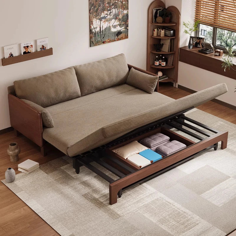 canapé lit marron clair rayures horizontales moderne extensible coussins multifonctionnel