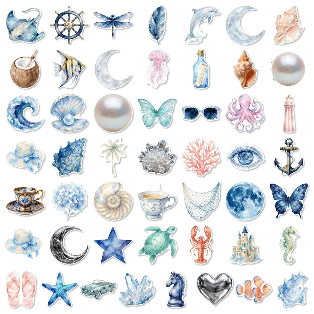 stickers marine coquillages poissons coraux bleu blanc rose illustration numérique adhésif portable téléphone papeterie
