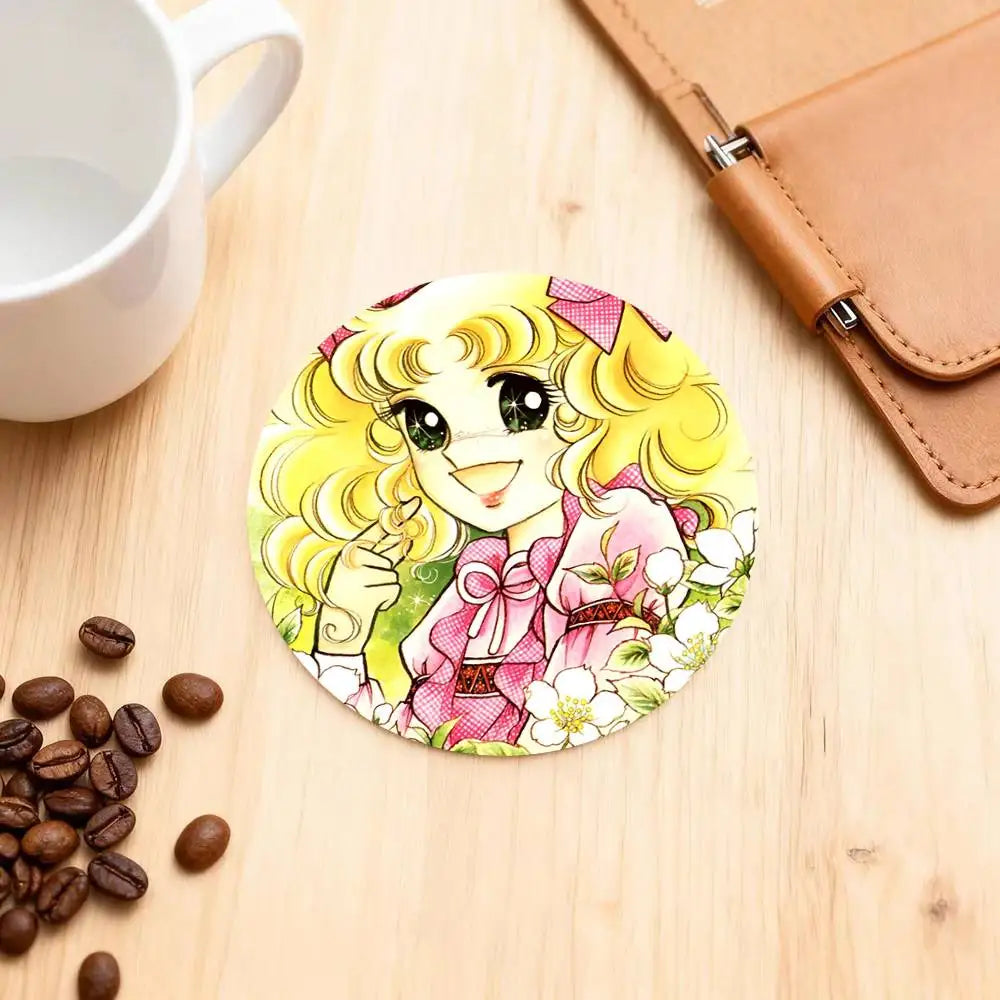 sous verres ronds fibre bambou multicolores illustration fille accessoires colorés dessin animé