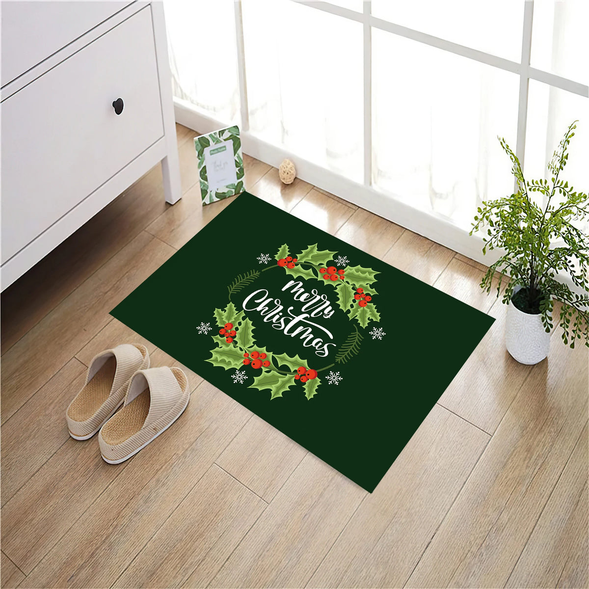 tapis sol antidérapant noël guirlande feuilles houx baies rouges flocons neige vert foncé entrée