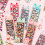 sticker kawaii adhésif dessins animés chats floraux textes scrapbooking transparent rose vert bleu blanc