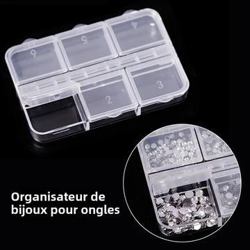 boîte rangement bijoux ongles transparent couvercle amovible organisation moderne strass décoration nail art affichage