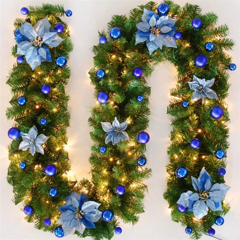 Guirlande Noël fleurs artificielles boules décoratives lumineuses intérieur festif vert doré rouge bleu