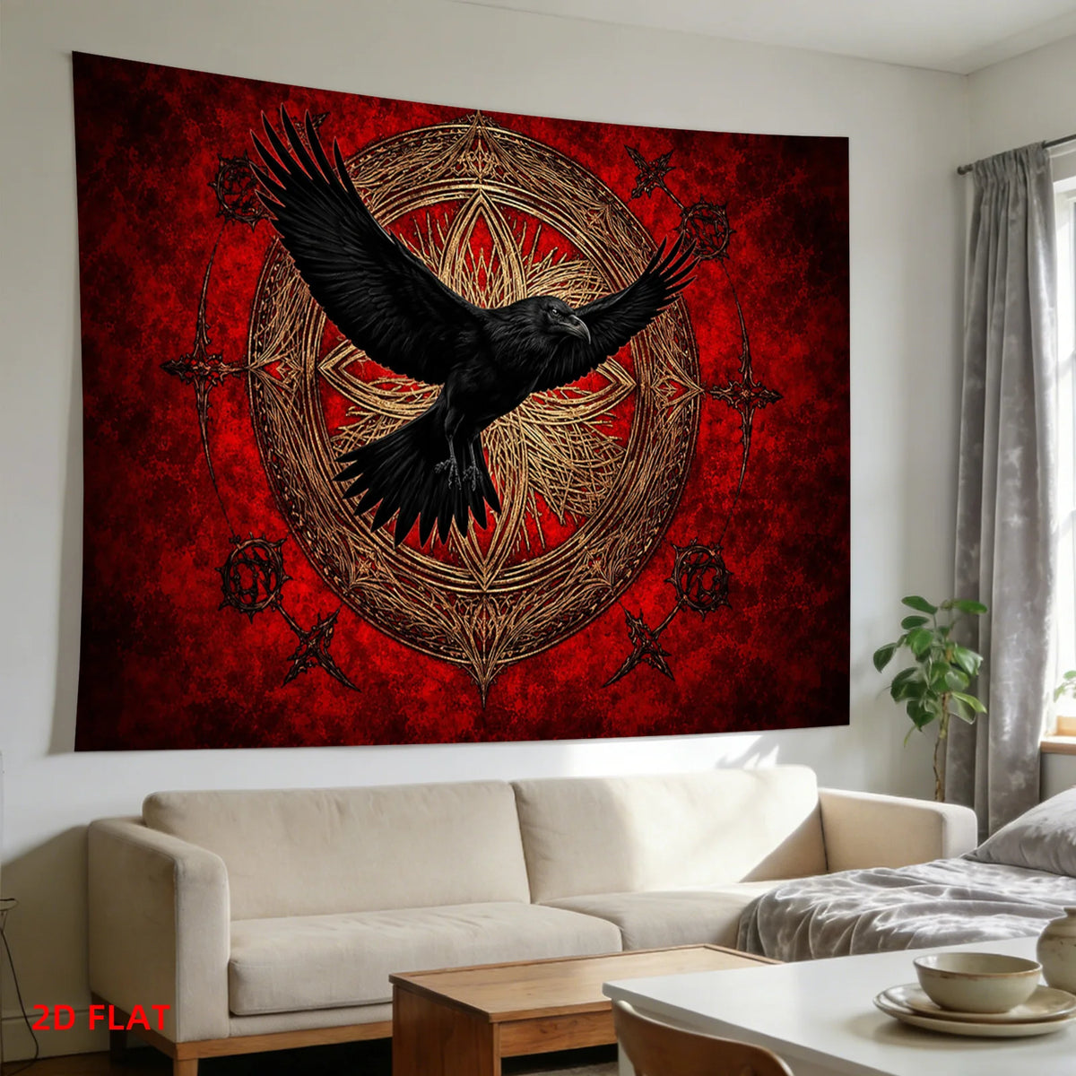 tapisserie murale oiseau vol cercle géométrique motifs floraux gothique rouge noir doré décoration salon