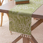 chemin table vert olive feuilles stylisées tassels blancs décoration printemps été automne hiver polyester
