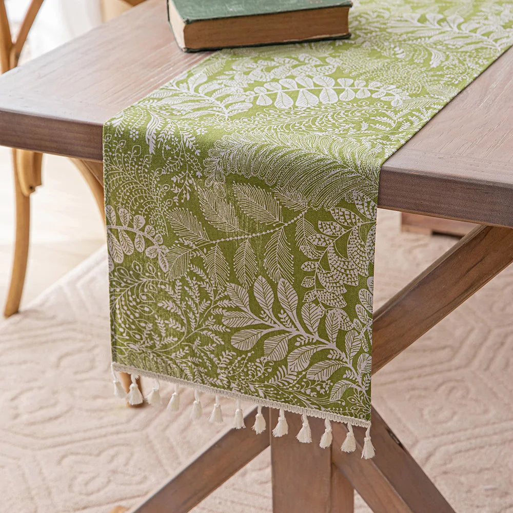 chemin table vert olive feuilles stylisées tassels blancs décoration printemps été automne hiver polyester