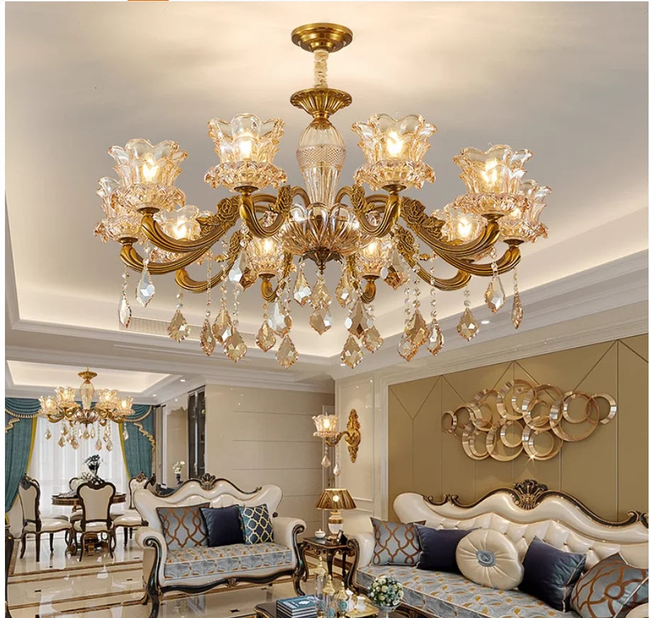 lustre classique doré transparent fleurs cristal ampoules led pendentif salon