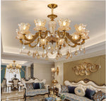 lustre classique doré transparent fleurs cristal ampoules led pendentif salon