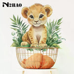 sticker mural illustration lionceau feuilles vertes orange chambre enfant salon decoration maison
