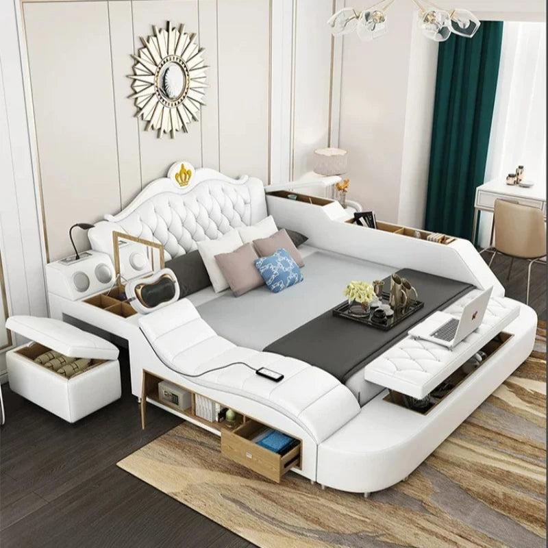 lit multifonctionnel moderne blanc gris oreillers coussins simili cuir rangement sous lit tablette intégrée