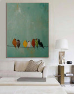 tableau abstrait oiseaux colorés moderne vert orange marron jaune blanc rouge noir doré