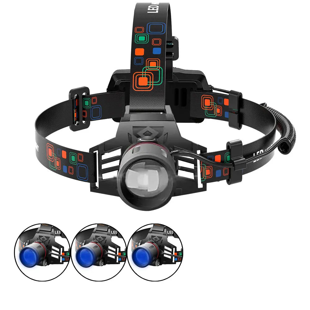 lampe frontale led rechargeable usb noir bande ajustable modes lumiere haute bas strobe