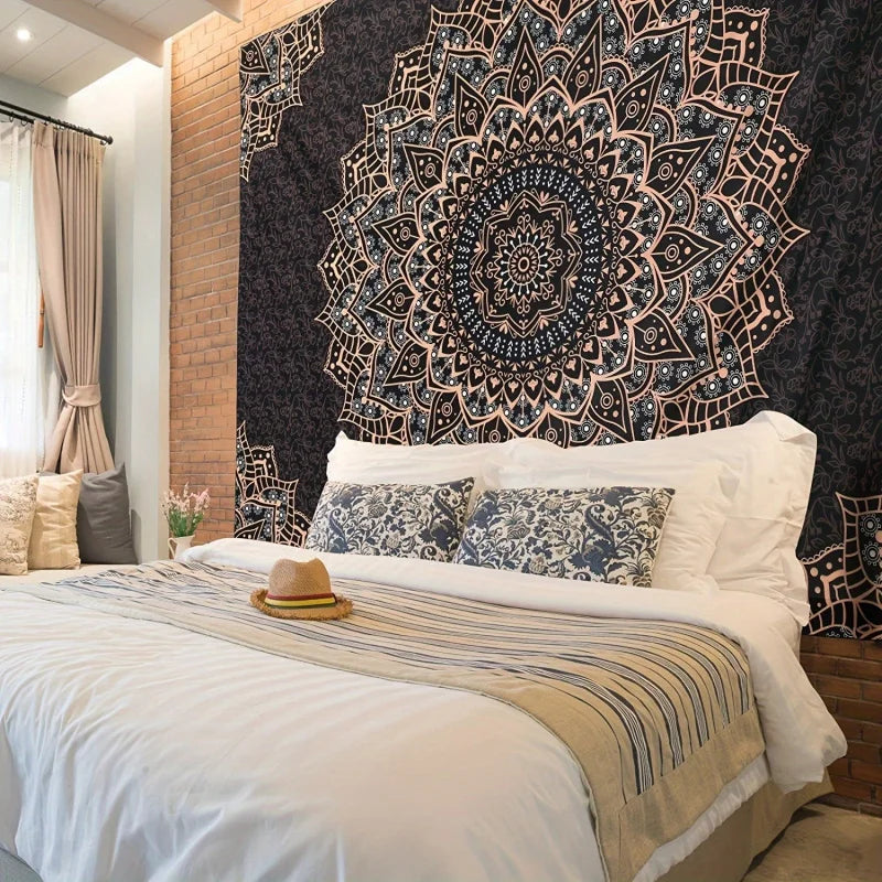 tapisserie mandala boho chic noir blanc rose doré géométrique living bedroom entryway coffee tea