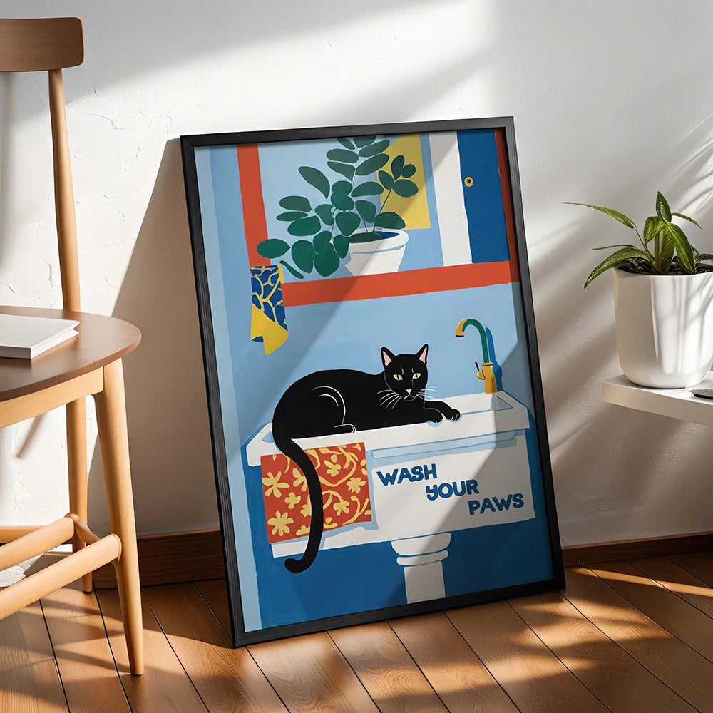 toile d'art illustration chats salle bain moderne bleu blanc motifs floraux