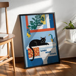 toile d'art illustration chats salle bain moderne bleu blanc motifs floraux