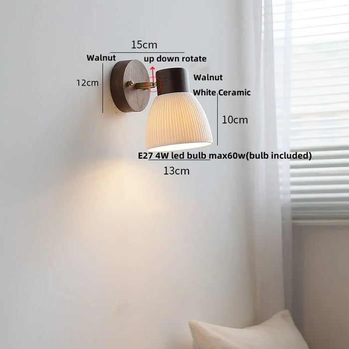 lampe murale moderne abatjour blanc translucide bois marron foncé motifs rayonnants semi transparent switch