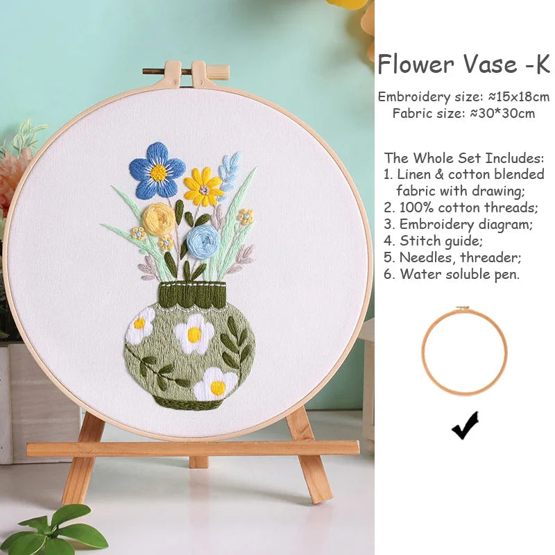 kit broderie fleurs vases multicolore traditionnel anneaux bois guide couture aiguilles fil coton
