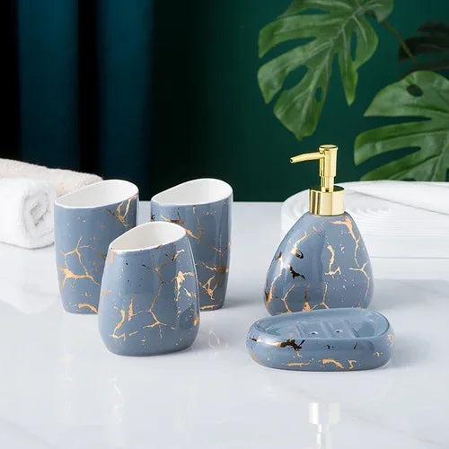 ensemble salle bain moderne marbre doré blanc distributeur savon porte brosse dents tasses plateaux