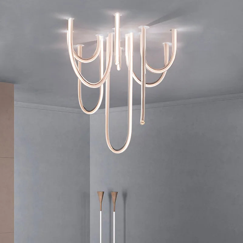 lustre moderne blanc doré courbes élancées contemporain sans plaque télécommande lumière led