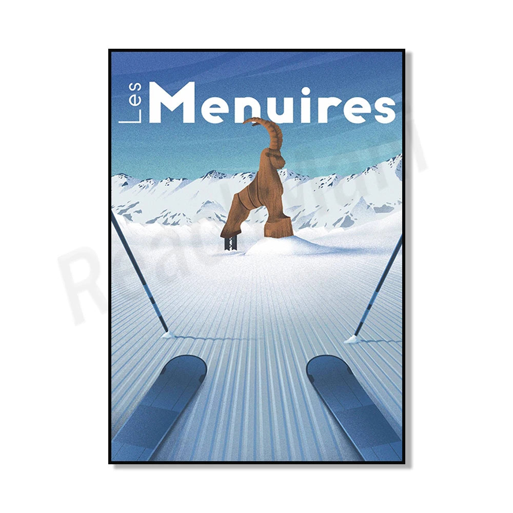 L'image présente une affiche de ski avec un grand dinosaure debout sur une piste enneigée, avec des montagnes enneigées en arrière-plan et deux paires de skis au premier plan.