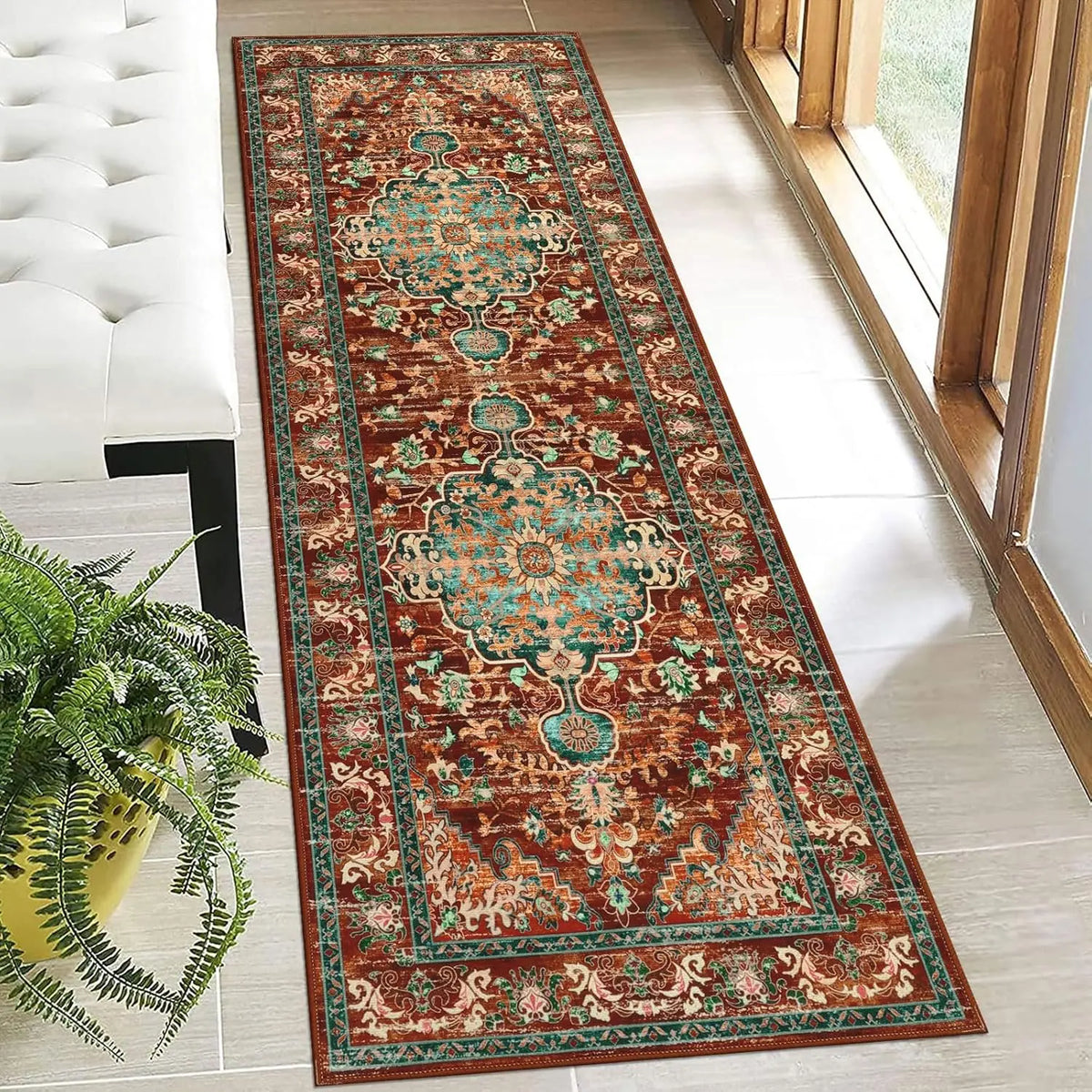 tapis géométrique bohème bleu blanc orange salon salle bain moderne ornement floral