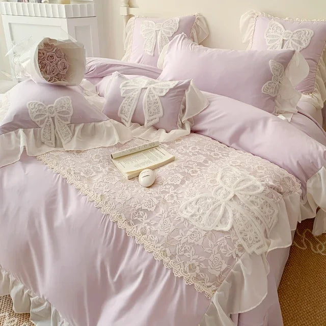 ensemble literie romantique violet rose dentelle blanche fronces bordures vintage filles chambre adolescente