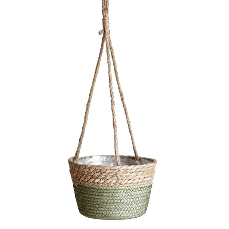 panier suspendu tissé fibres naturelles beige gris vert rustique boho chic cordelette plante verteintérieurextérieurDecorationMaison