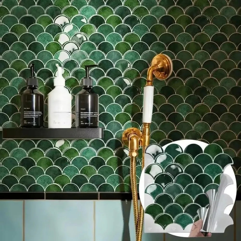 carreaux muraux adhésifs 3d résistants l'eau vert foncé gris rose poisson moderne décoratifrollable
