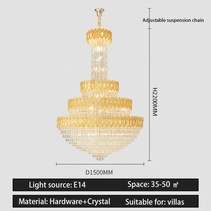lustre doré cristal transparent classique suspension chaîne ajustable grande taille salon chambre moderne led