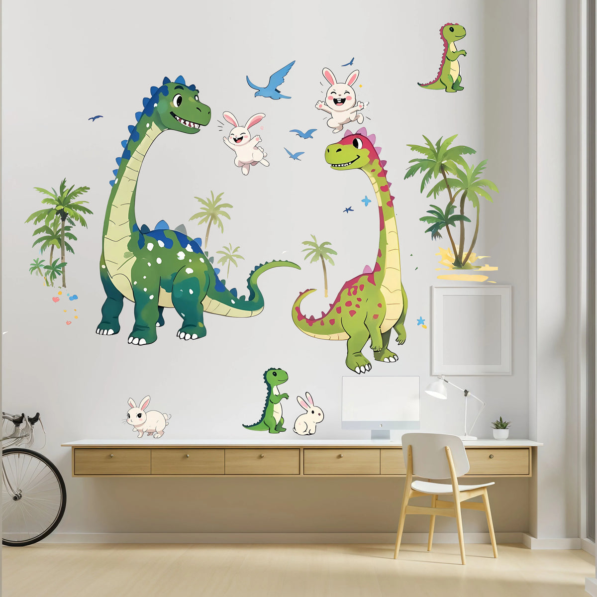 sticker mural dinosaure lapin oiseau palmier cartoon enfant chambre décoration adhésif vert marron bleu