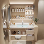 meuble salle bain moderne évier tiroirs beige clair miroir lumineux tapis motifs cosmétiques dorés