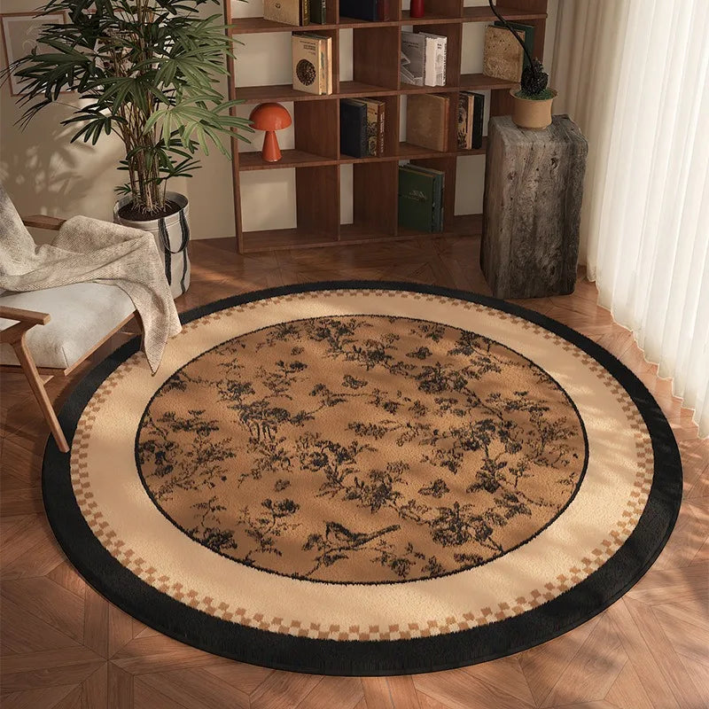 tapis rond beige noir motif fleurs oiseaux décoration salon chambre intérieur doux antidérapant moderne