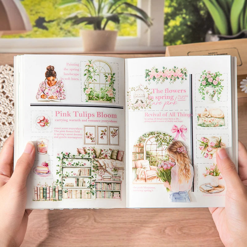livre autocollants illustrations vintage fleurs papillons textes couleurs printemps jardin